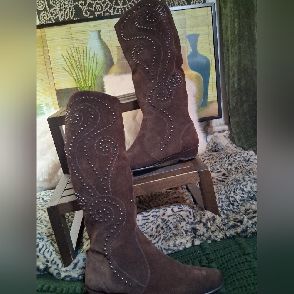 Brown Suede Knee-High Boots with Studded Swirl Design